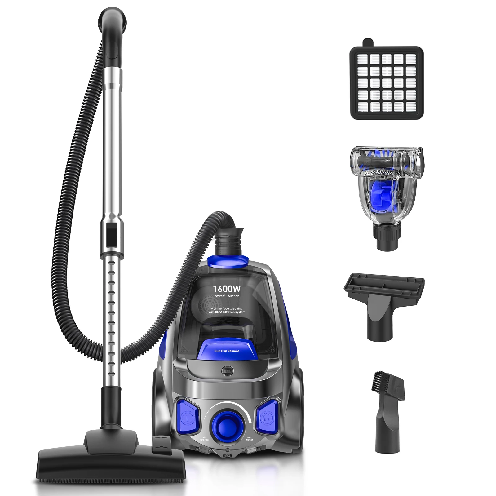 

1600W 32Kpa Bagless Canister Vacuum Cleaner H13 HEPA Filter 3.7Qt Large Capacity Dust Full Indicator 5 Tool Set Stock in US