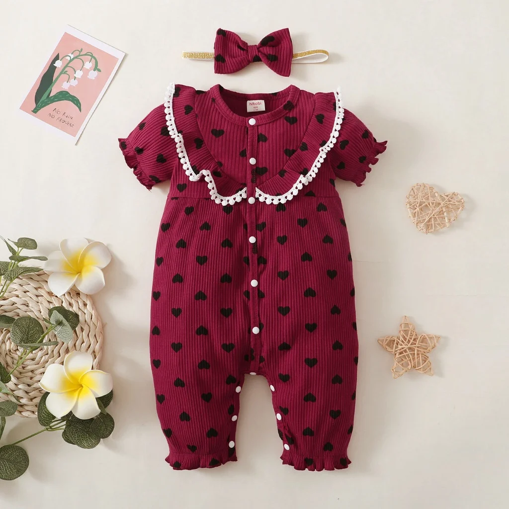 2PCS Infant Baby Girl Romper Love Wave Point Summer Short Sleeve Bodysuit Casual Jumpsuit+Headband for Toddler Girl 0-18 Months