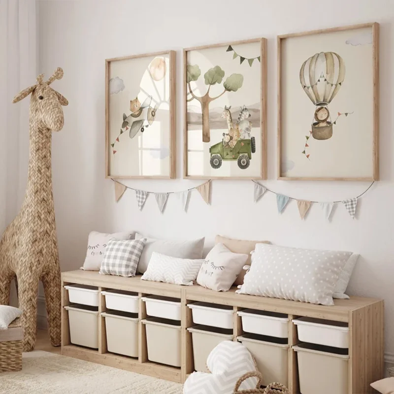 

Safari Adventure Cartoon Poster Hot Air Balloon Aeroplane Car Children's Room Canvas Painting Field Nursery Bedroom Wall Art