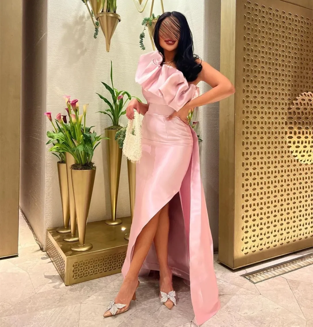 

Customized Vintage Long Pink Arabic Evening Dresses With Ruffles Straight One Shoulder Ankle Length Pleated Prom Dresses For Wom