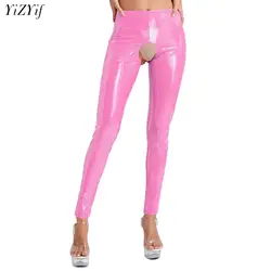 Women Sexy Patent Leather Skinny Pants Glossy Wet Look Elastic Waistband Cutout Crotch Leggings Erotic Long Pants High Waist