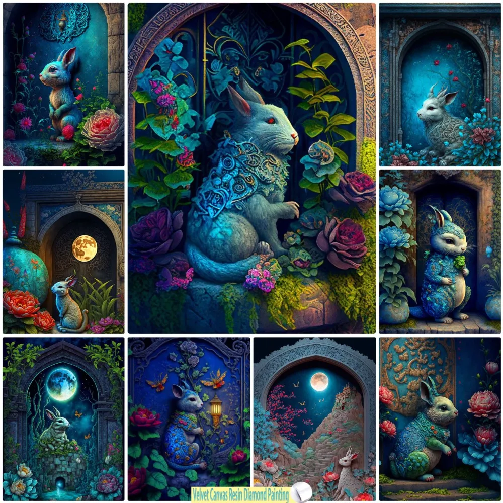 5D Velvet Canvas Resin Diamond Painting Moonlight Rabbit Cross Stitch Diamond Embroidery Fantasy Flowers Mosaic Handicrafts