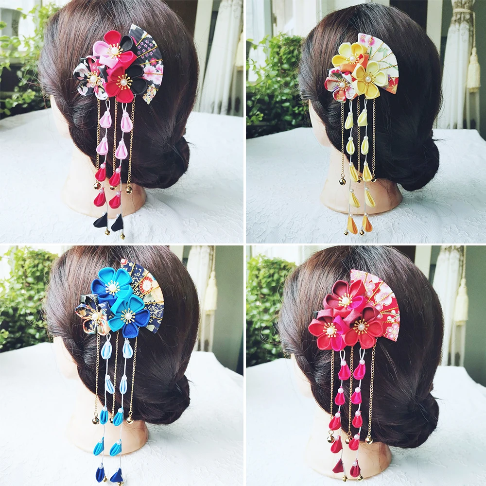 

Japanese Kimono Handmade Fabric Flower Folding Fan Hair Accessories Clip Tassel Headwea Headdress Barrette Yukata Festvial Deco