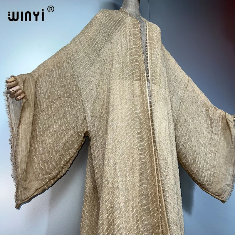 WINYI เรขาคณิตพิมพ์กิโมโน kaftan beachwear เสื้อสเวตเตอร์ถักชุดราตรี abaya ดูไบหรูหรา cover-ups ชุดชายหาดผู้หญิงชุดยาว