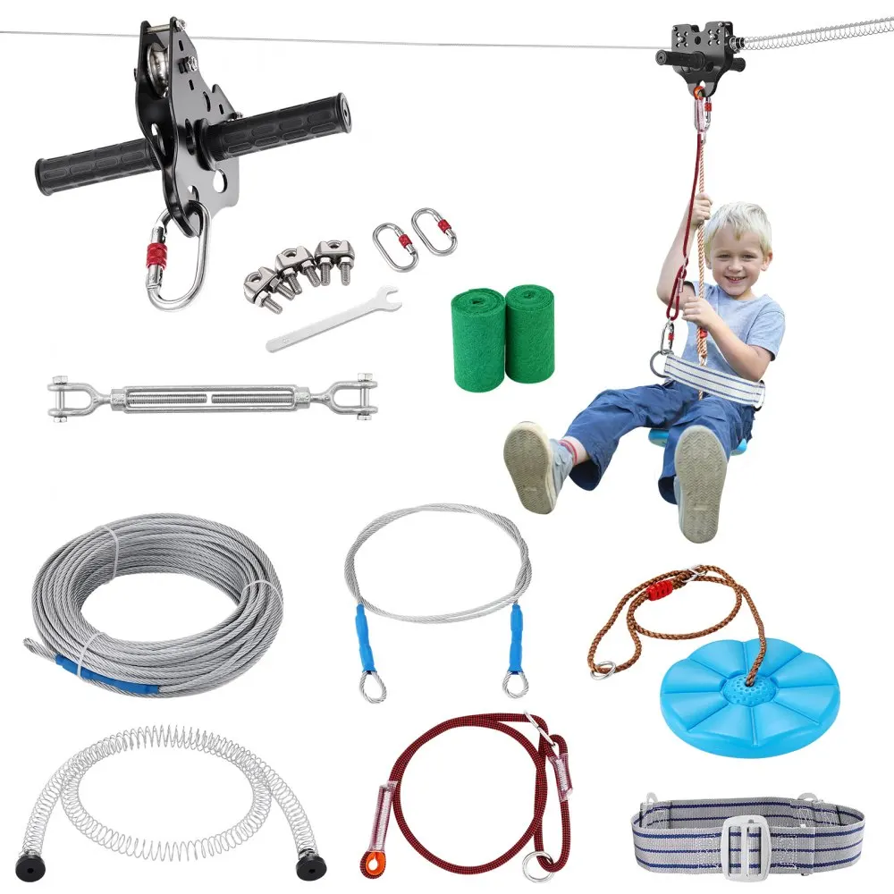 VEVOR 60/80/100/120 FT Zipline Kit Up to 500 lbs Backyard Outdoor Playground Entertainment Stainless Steel Safety Harness Seat