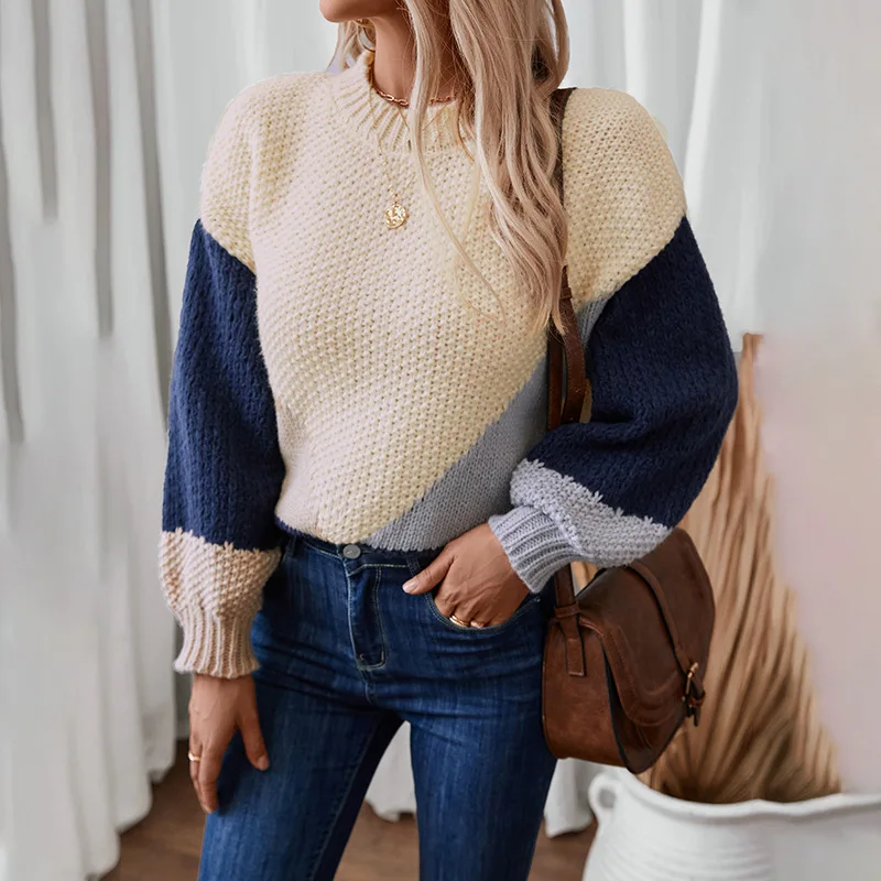 

Женский вязаный свитер с цветными блоками, уютный осенне-зимний пуловер с контрастным геометрическим узором, универсальный стильный трикотажный джемпер