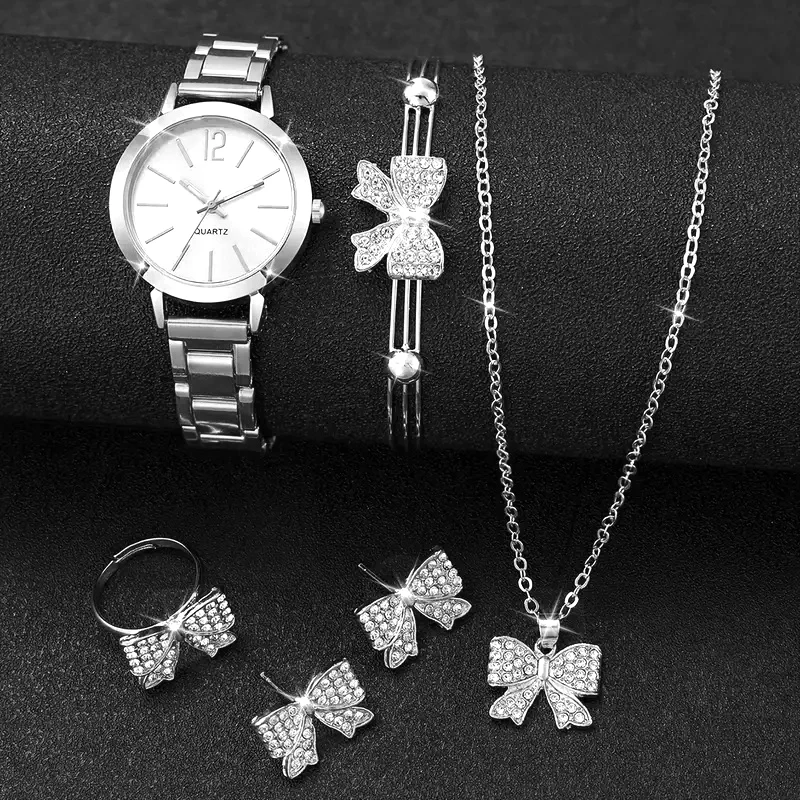 6pcs Fashion minimalist scale Ladies Alloy compact quartz watch with bow bracelet Necklace Ring Earrings set