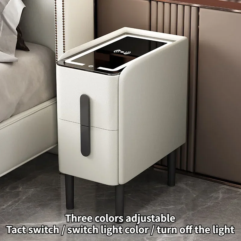 Ultra Narrow Smart Bedside Table Wireless Charging Creative Multi-Functional 3-tone LED Light Home Night Stands for Bedroom