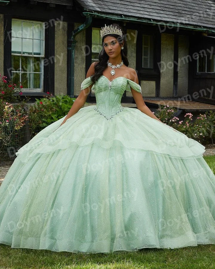 Doymeny-vestido de Quinceañera de tul con purpurina, vestido de fiesta con lazo en la espalda, faja de cuentas, hombros descubiertos, dulce, 15 vestidos de quinceañe