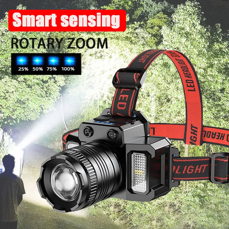 Rechargeable Head Lamp Sensor Headlight Ultralight Head-Mounted Flashlight LED Waterproof Adjustable Super Bright Outdoor Light