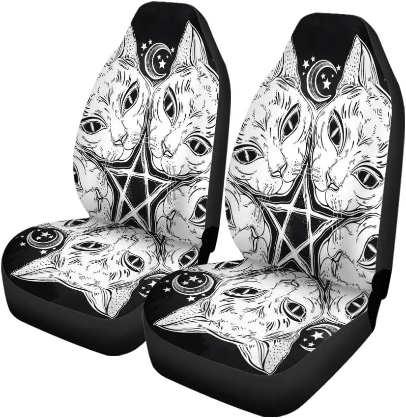 Car Seat Covers Black Cat Head Round Portrait Mandala Moon Pentagram Ideal Set of 2 Auto Accessories Protectors Car Universal