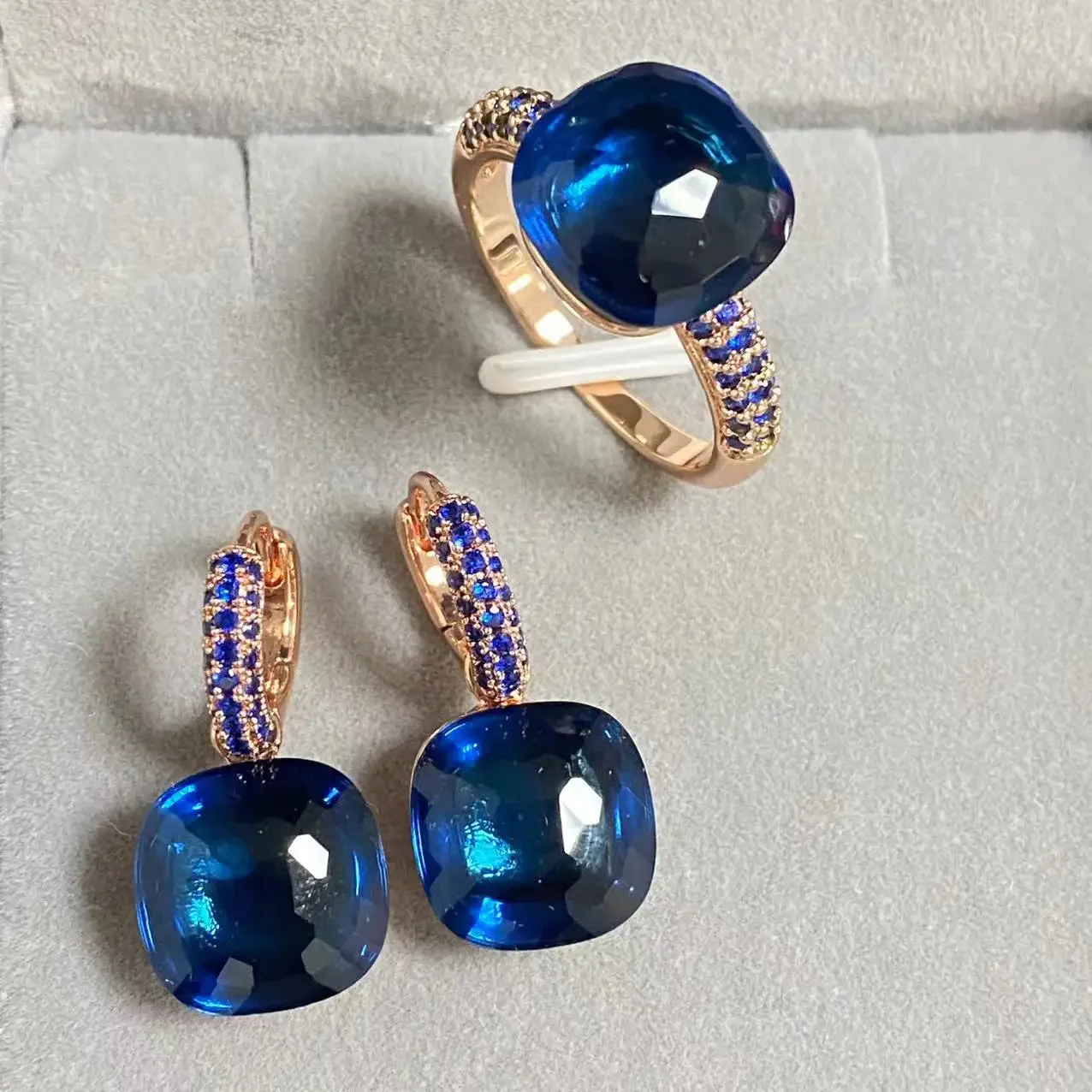 2Pcs/Set 12.6mm Ring Earrings Set Inlay Blue Zircon Candy Crystal Jewelry Set Royal Blue Nudo Drops Earrings Ring Set