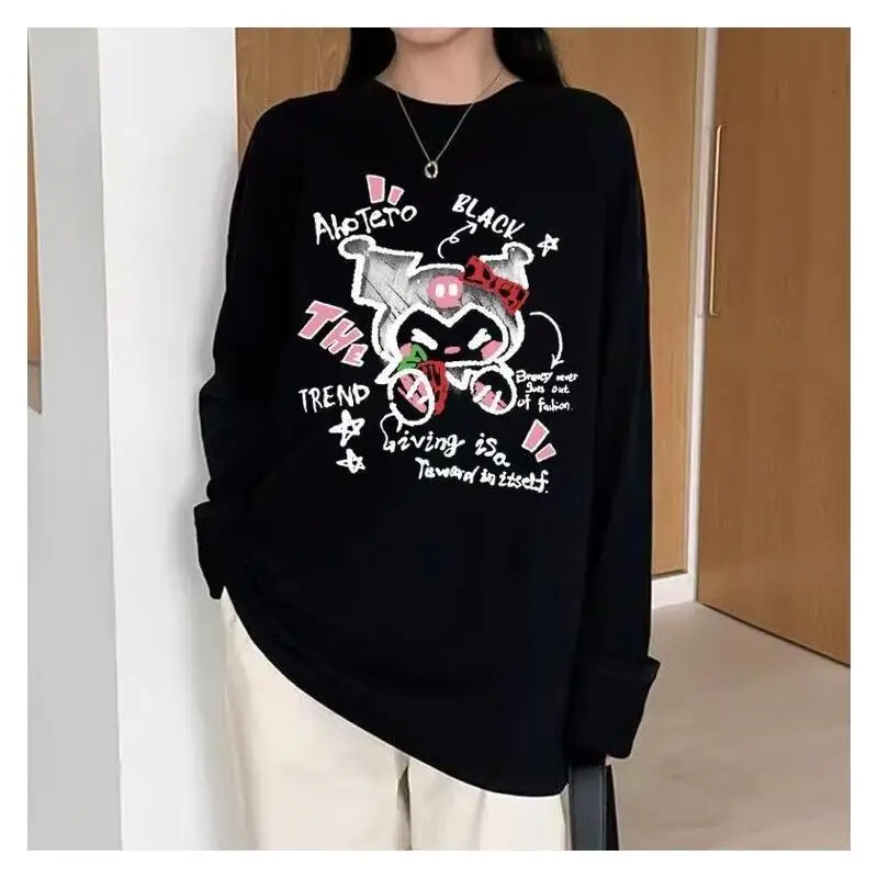 

Женская футболка Sanrio Hello Kitty, топ с длинными рукавами, осенняя верхняя одежда из хлопка, свободный крой в стиле ретро, повседневный модный дизайн