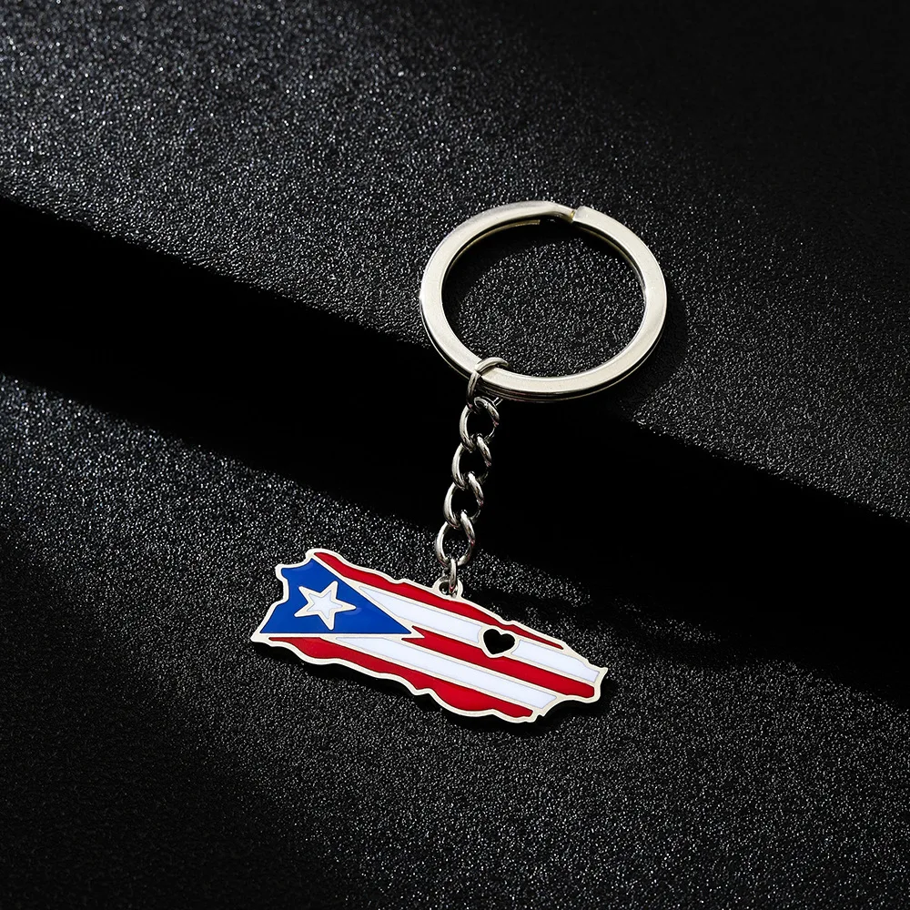 Love Heart Puerto Rico Map Flag Ethnic Style Stainless Steel Keychain for Men Women Gift Key Chain Accessory key Ring Jewelry