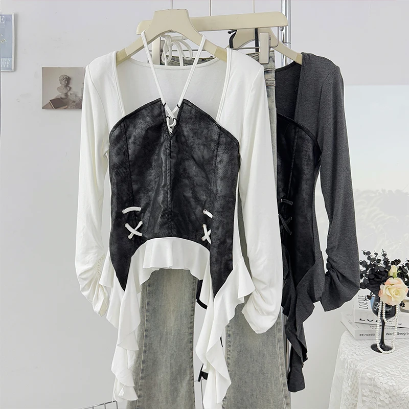 Irregular Design Sense Color Blocking Splicing Strap Long Sleeved T-shirt Women's Summer Ruffle Edge Floating Belt Slim Fit Top