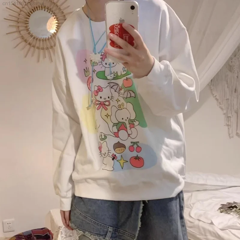 Sanrio Hello Kitty New Funny Printed Hoodie Round Neck Pullover Long Sleeve Top Y2k Cute 90s Vintage Gothic Shirt Girls Y 2k