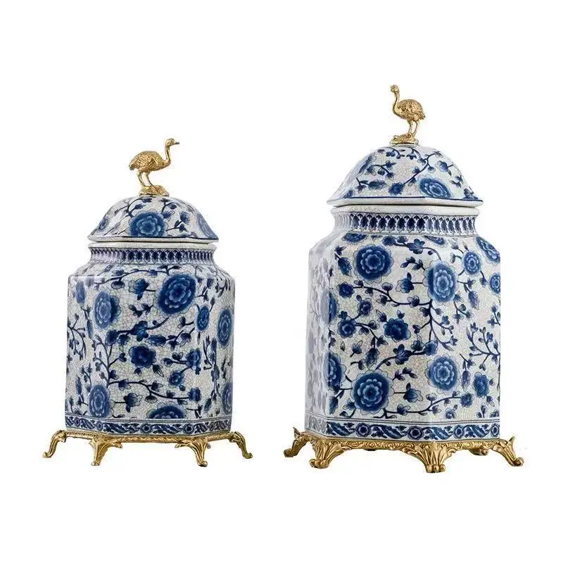 Blue and white ceramics with copper storage tank ornaments