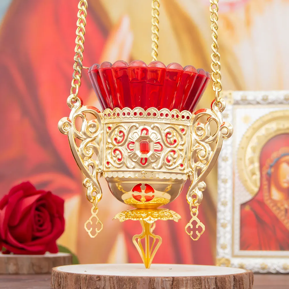 HTISOK Antiker Goldener Kirchen-Weihrauchbrenner mit Karmesinglas-Schale, Vintage-Ritualartefakt, Meditationsbrenner, Sammlerstück für die Altardekoration – Detail 1
