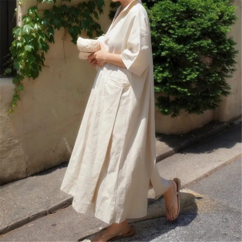 New 2023 Female Fashion Half Sleeves V Neck Solid Color Cotton Linen Elegance Splicing Regular Loose Dresses Office Lady