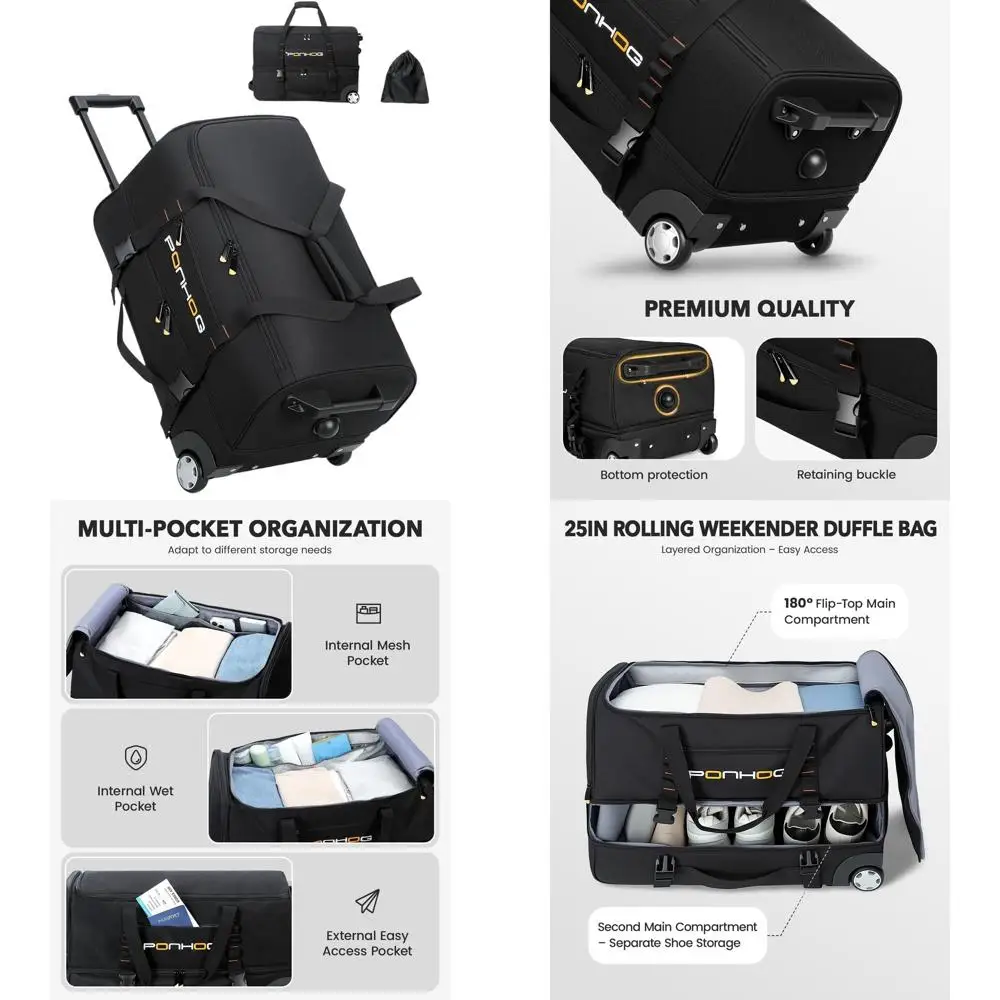 

25-дюймовая дорожная сумка на колесах с ручкой для мужчин — идеально подходит для поездок на выходные и коротких путешествий, черная