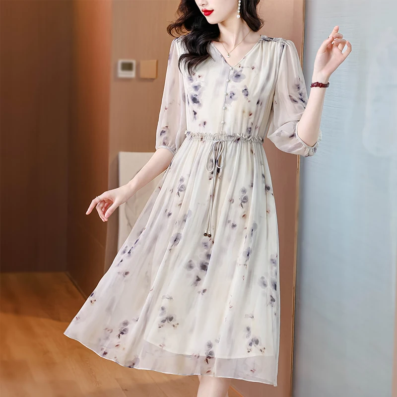 2024 Summer New Luxury Silk Floral Print Casual Midi Dress Women's Vintage Elegant Chic Dress Holiday Boho Beach Evening Dresses