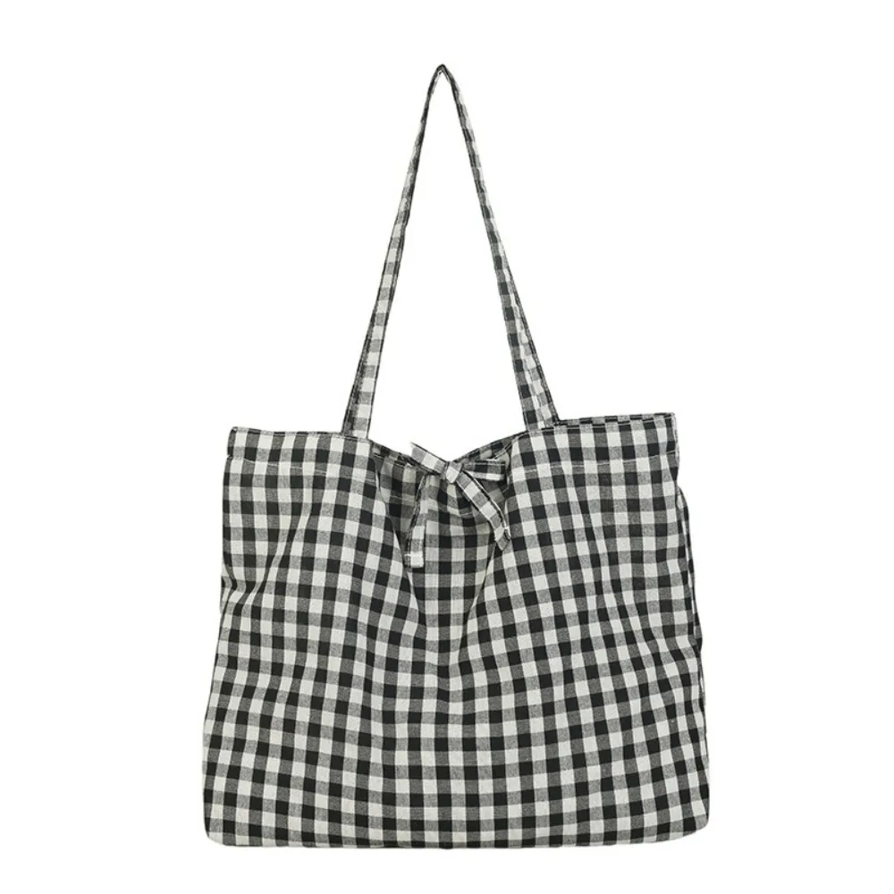 

Fashionable Polyester Plaid Tote Bags Large Capacity Lightweight Bow Shoulder Bag Bow Tie Design Shopping Bag Ladies