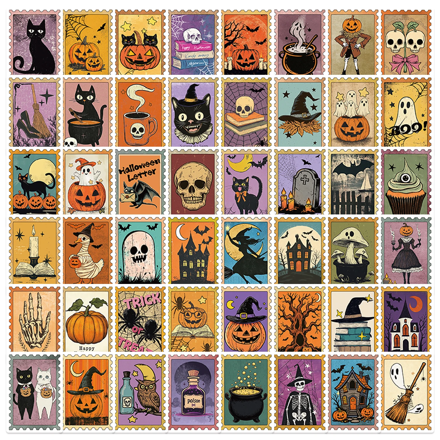 50PCS Cute Vintage Halloween Postage Stamp Stickers Skeleton Witch DIY Decor Water Bottle Phone Laptop Luggage Graffiti Stickers