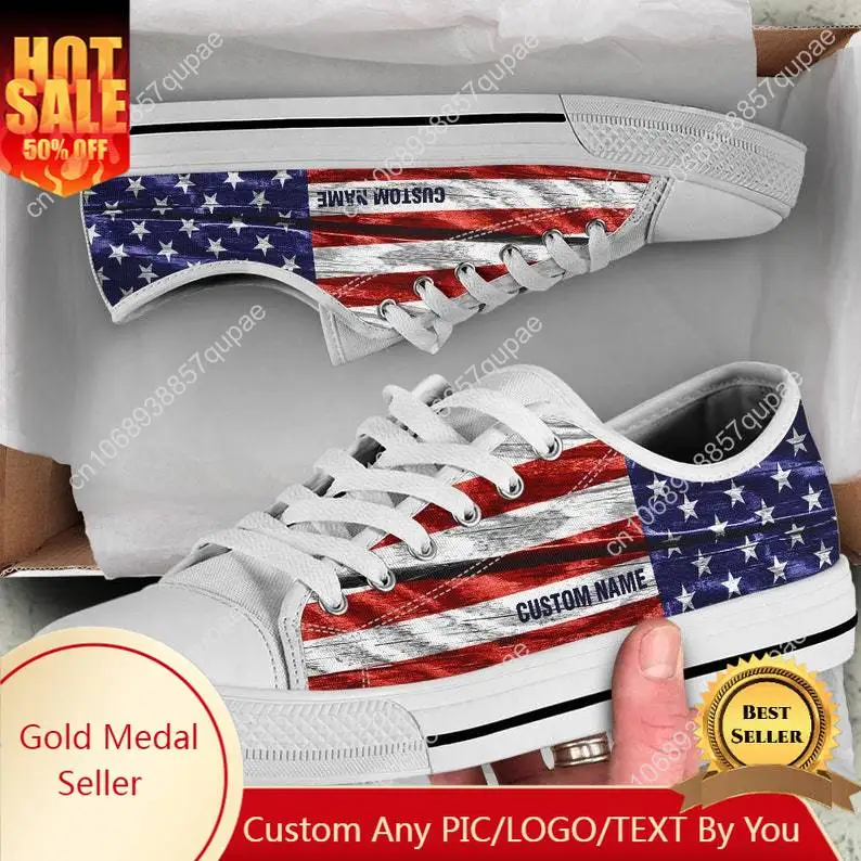 

USA Flag Custom Name Fashion Low Top Sneakers Mens Womens Teenager Canvas Sneaker Couple Shoes Custom Shoe