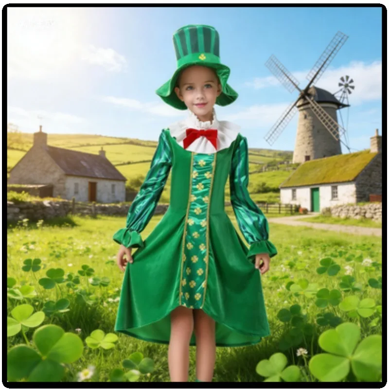 

Kids Irish Boy Girl St Patricks Day Costume Role Play Outfit Stage Performance Traditional Irish Dance Dress