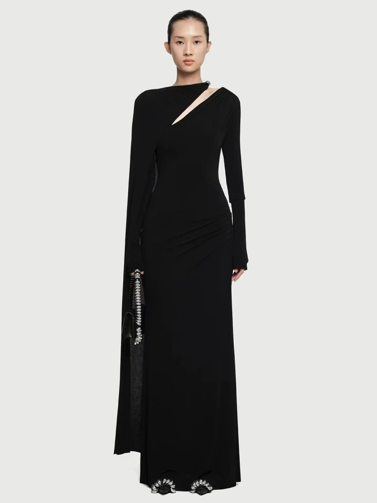 

Sexy Long Sleeves Hollow Out Draped Long Dress Women Black Metal Buckle Folds Bodycon Dresses Evening Party Gowns