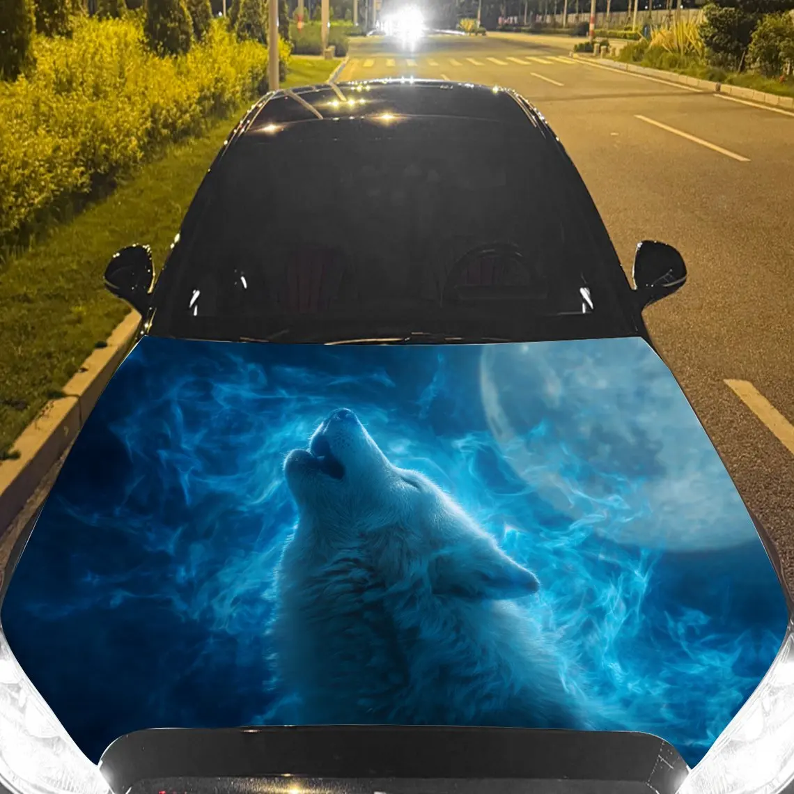 

Ghostly Blue Wolf Shadow Car Vinyl Wrap, PVC Material Waterproof Car Hood Sticker, Self-Adhesive Scratch-Resistant Stickers for