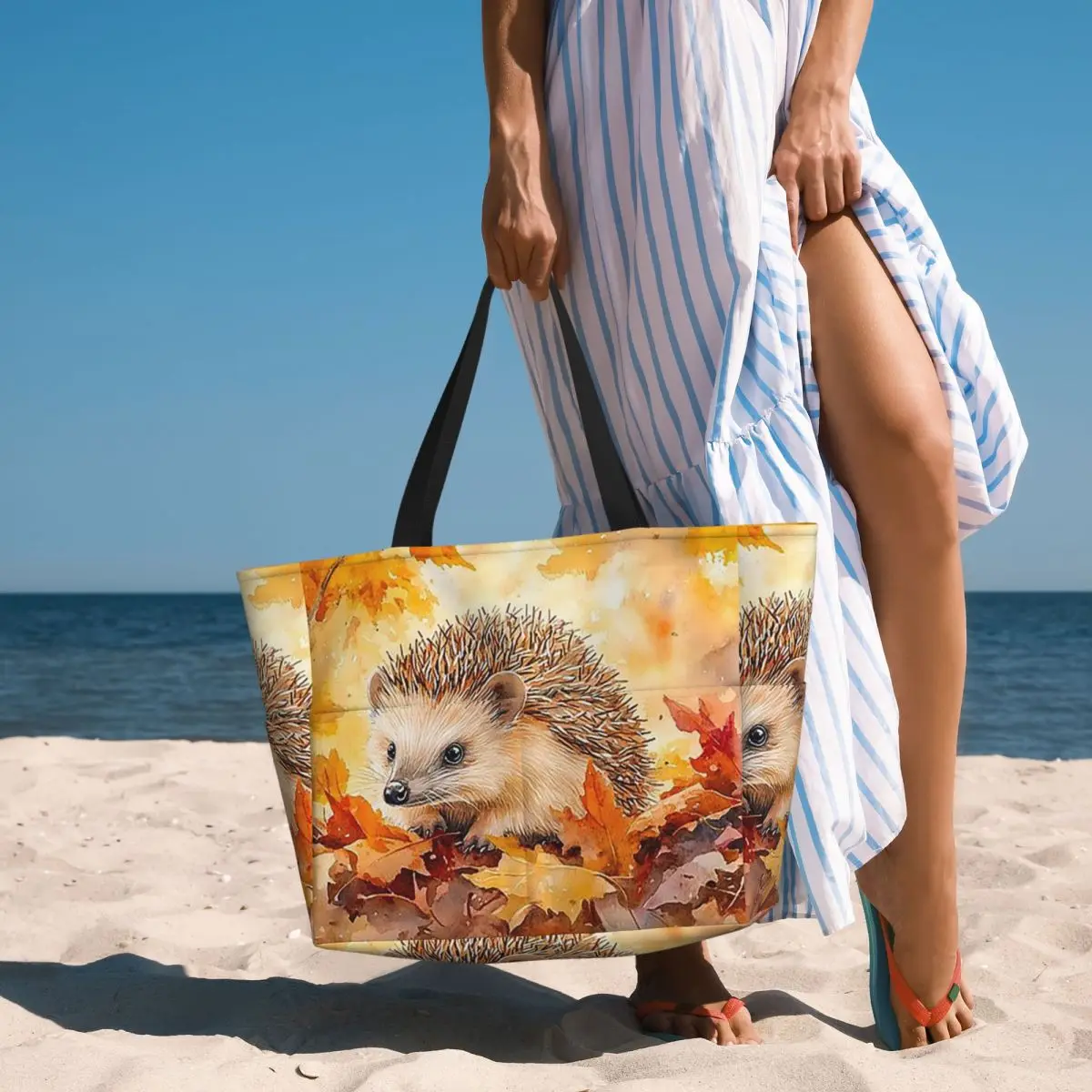 Hedgehogs Autumn Leaves Designed Beach Tote Bag Sport Gym Yoga Duffle Large Tote Bag Women Travel Bag Fitness bag