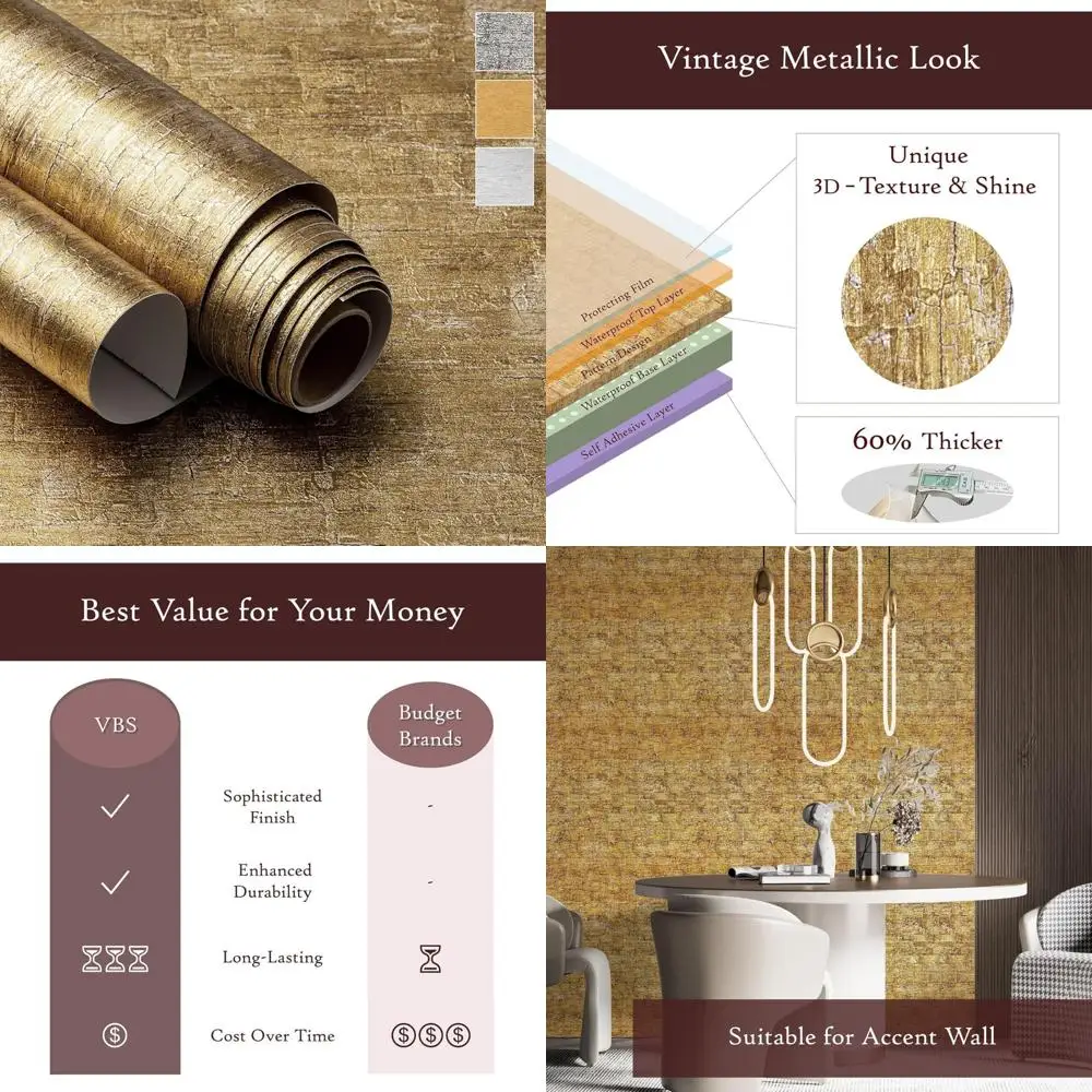 ورق جدران قابل للتقشير واللصق باللون الذهبي - مقاس 24 × 118 بوصة، عبوتان، نمط توت مزخرف، سهل الاستخدام، ورق اتصال طويل الأمد