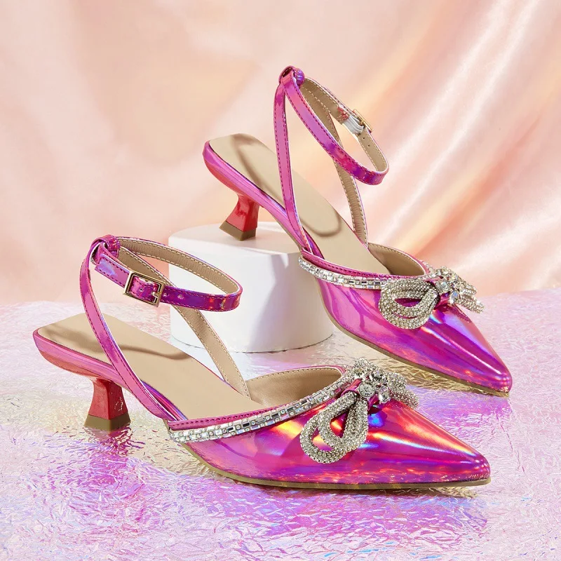 

Rhinestones Butterfly-Knot Sandalias De Mujer Verano Pointed Toe Buckle Strap Sandały Damskie Kitten Mid Heels Colorful Tacones