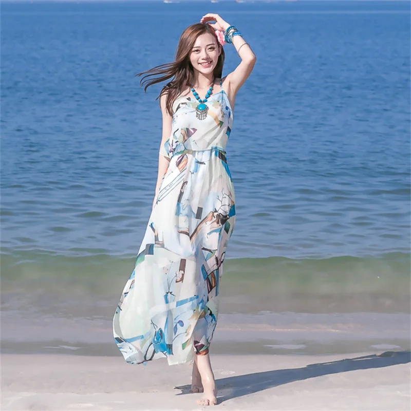 

2024 New,Summer Korean Bohemian Travel Dress,For Women Clothes,Summer Boho Floral Vacationing Beach Chiffon Strap Slip Dress