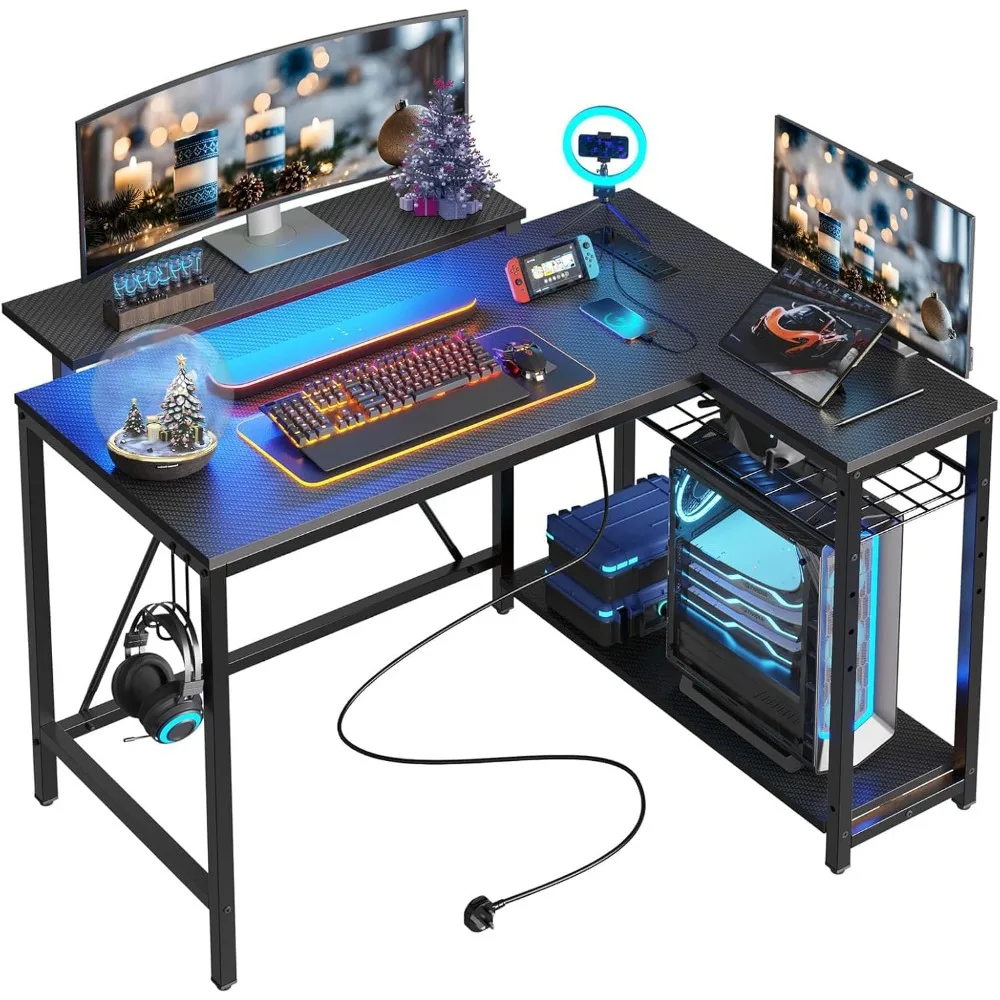 

Gaming Desk with Power Outlets, 42" L-Shaped Computer Desk with LED Lights, Desk with Reversible Storage Shelves & Hooks
