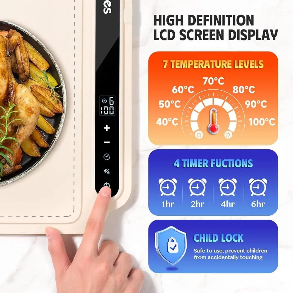 Portable Food Warming Mat 7 Level Temperature Control 10S Rapid Heating Silicone Nano Material Timer 6H Eco Friendly Home