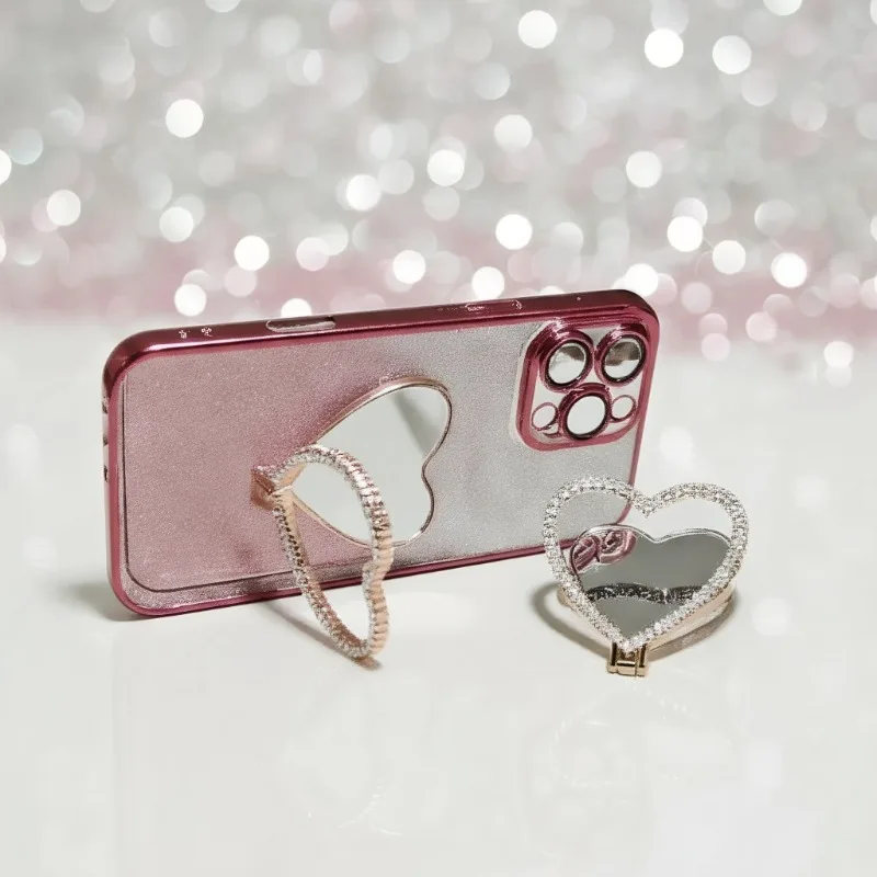 Soporte para teléfono móvil, espejo decorativo en forma de corazón, soporte de moda de escritorio, diseño de espejo plegable, se puede utilizar varios teléfonos