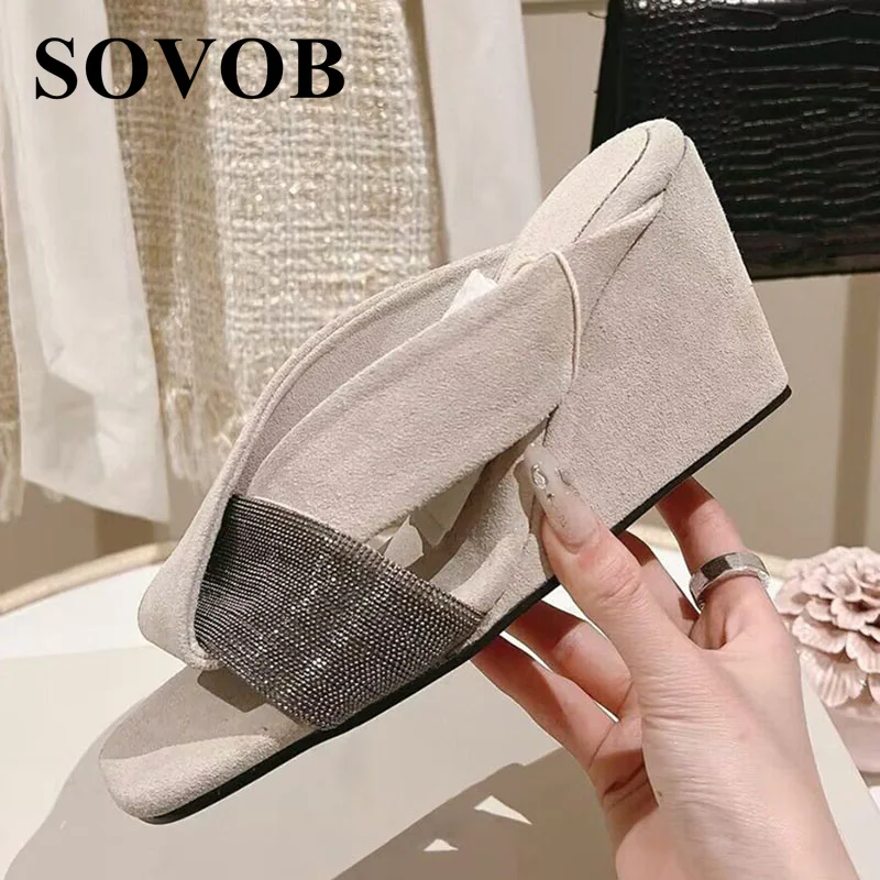 

New Spring Summer Metal Beaded Decoration Wedges Slippers Women's Simplicity Square Toe Roman Sandals Versatile Single Shoes