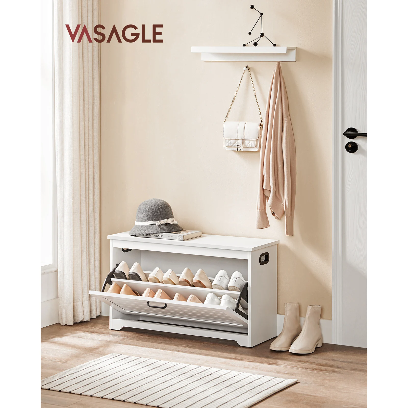VASAGLE-Banco de zapatos con puerta plegable, divisor ajustable, asas recortadas, 80x30x46 cm, blanco