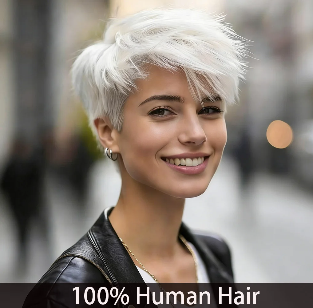 Platinum Blonde Pixie Cut Wig Short Straight Layered Wigs with Bangs for Women Bazilian Human Hair Wigs Machine Made 1B/60/P427