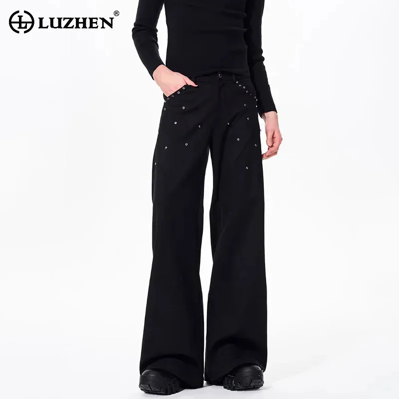 

LUZHEN 2026 New Sequin Rivet Metal Patchwork Decorate Solid Color Straight Trousers Men's Stylish Handsome Casual Pants JY6252