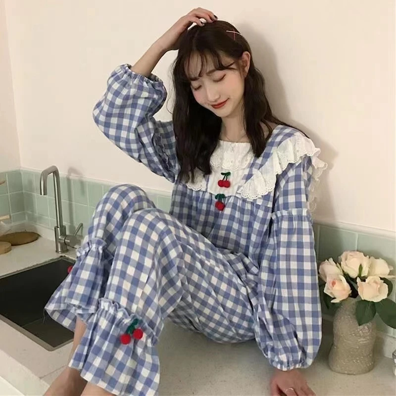 Leisure Wear Women Pajamas Sleepwear Female 2 Piece Set Grid Cherry Decoration Nightwear Pyjamas Home Clothes Loungewear