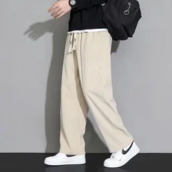 Autumn Winter New Fleece Versatile Casual Pants Men Korean Solid Elastic Waist Drawstring Pockets Straight Loose Sports Trousers