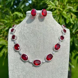 Stonefans Red Oval Necklace and Earrings Set Women Jewelry Fancy Dress Wedding Dubai Elegant 2pcs Jewelry Sets Accessories Gift