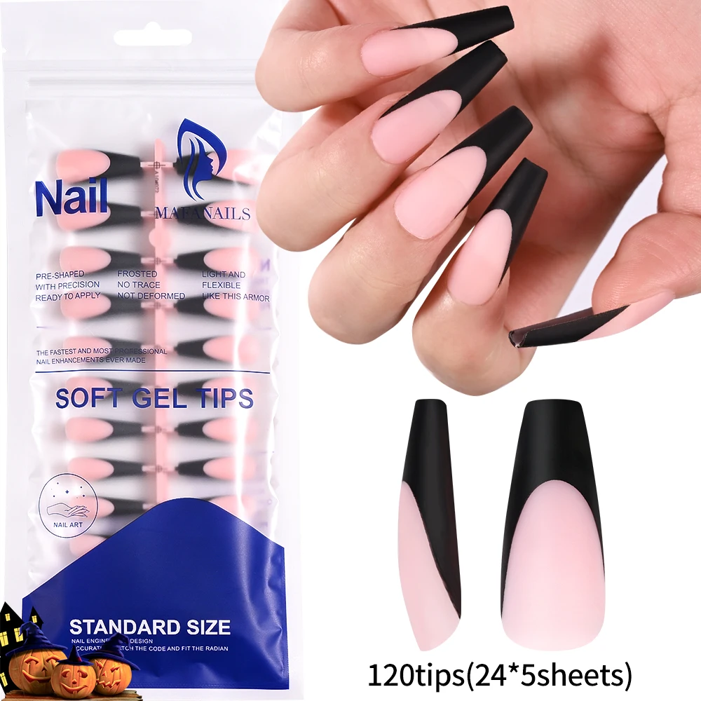 120Pcs Long Ballet Black/White French Nail Tips Matte Press on Nails Prefinished Artificial False Tips Halloween Nail Decors y2k