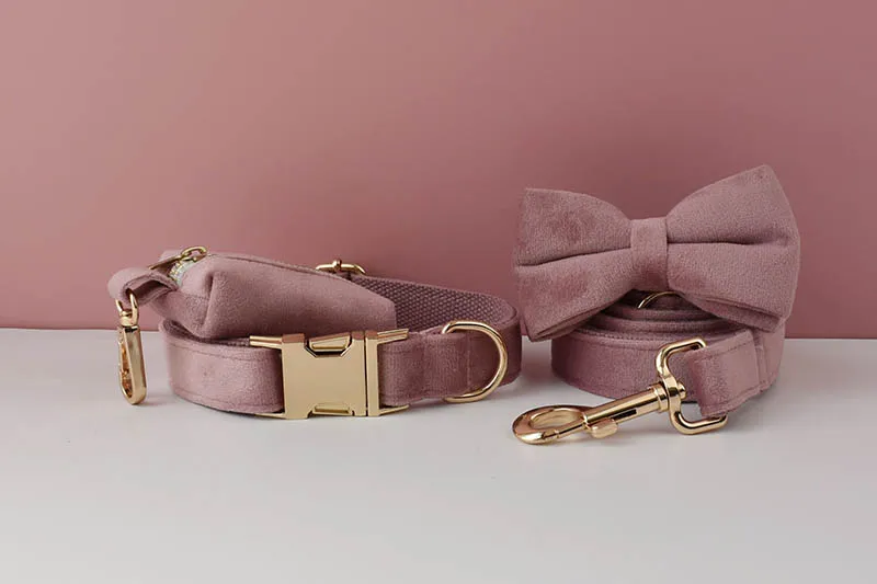 Hellviolettes Samt-Hundehalsband und Leinen-Set für Hunde, individuell graviertes Namensschild, Haustierbedarf, Hundeleine, Velvet05 – Detail 6