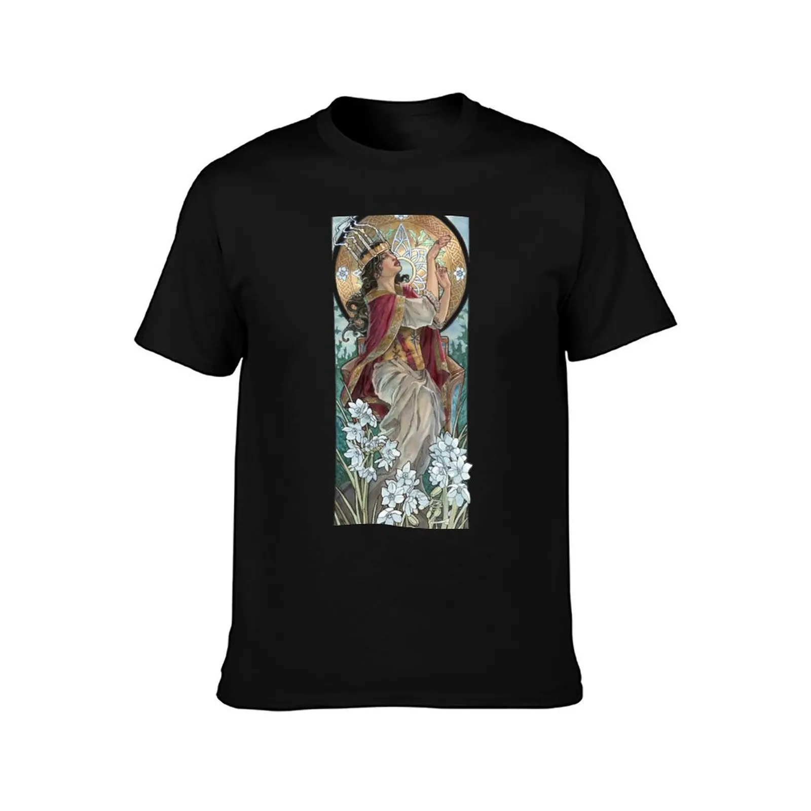 Lady of December with White Narcissus and Saint Lucy Candle Crown Goddess Mucha Inspired Birthstone Series T-Shirt 100% Cotton
