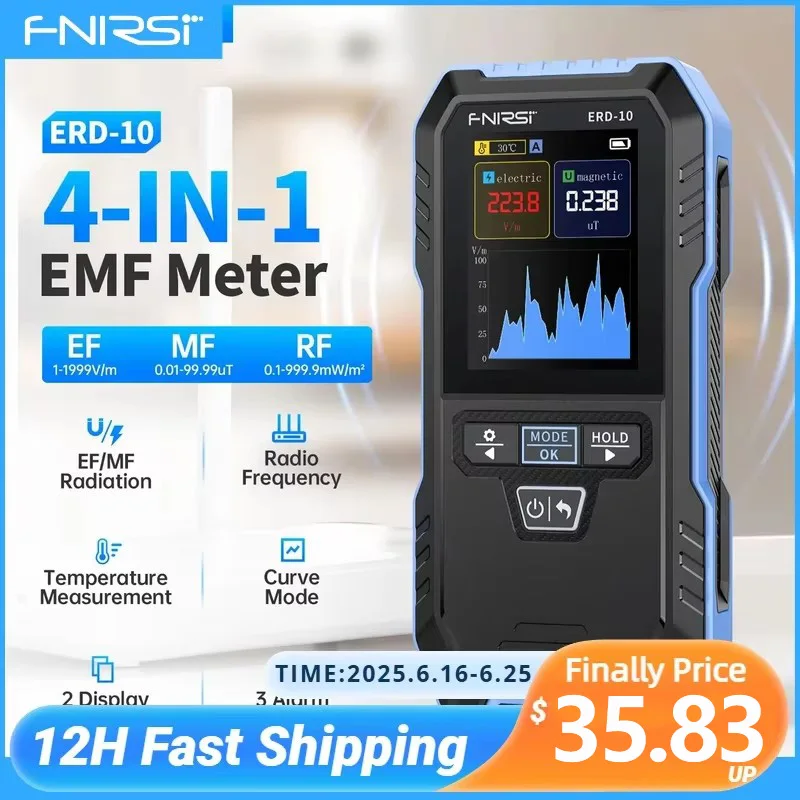 

FNIRSI ERD-10 4-IN-1 Electromagnetic Radiation Detector, Electric & Magnetic Field Strength, RF Power, Temperature Monitor