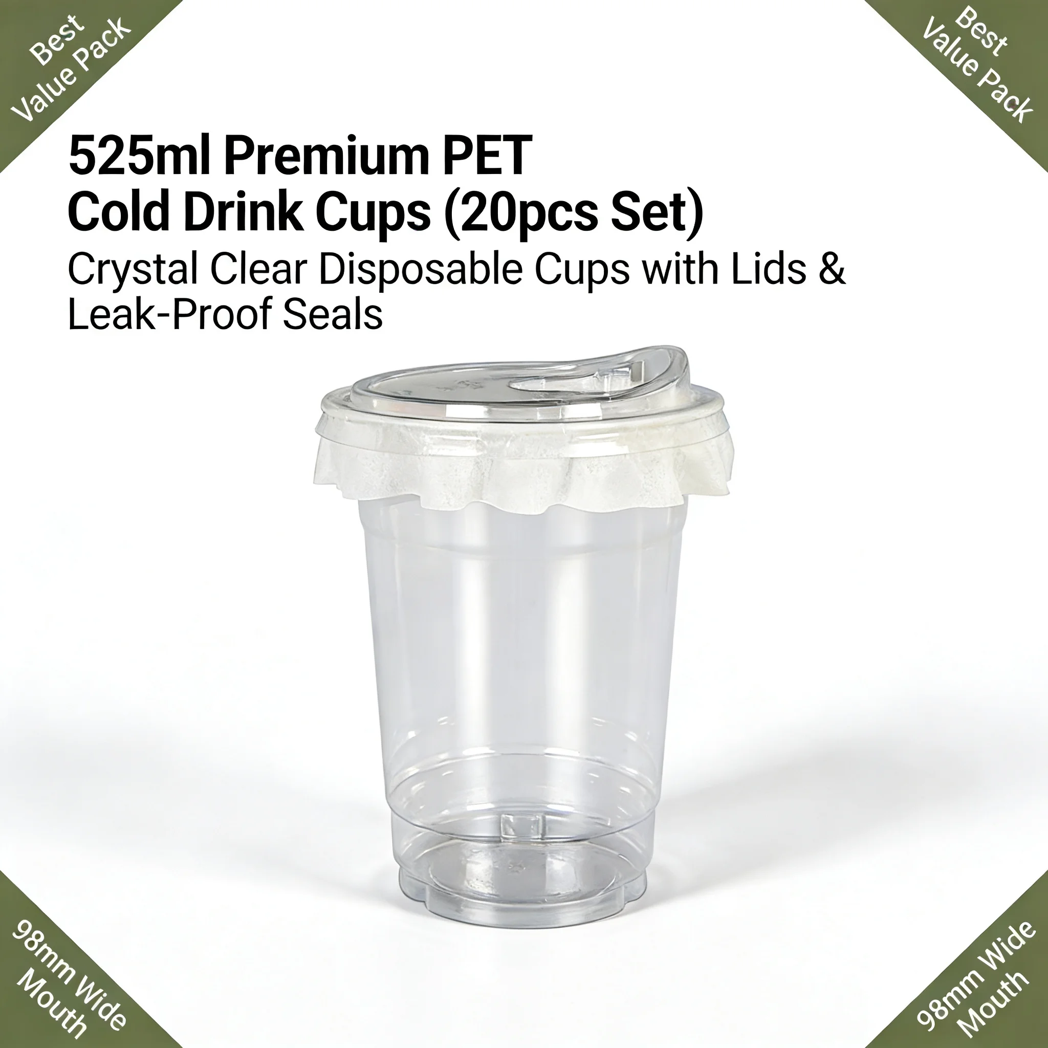 Paquete de 20 Vasos Desechables de Plástico Transparente con Tapas Antiderrames para Bebidas Frías, Café Helado, Té de Burbujas y Smoothies